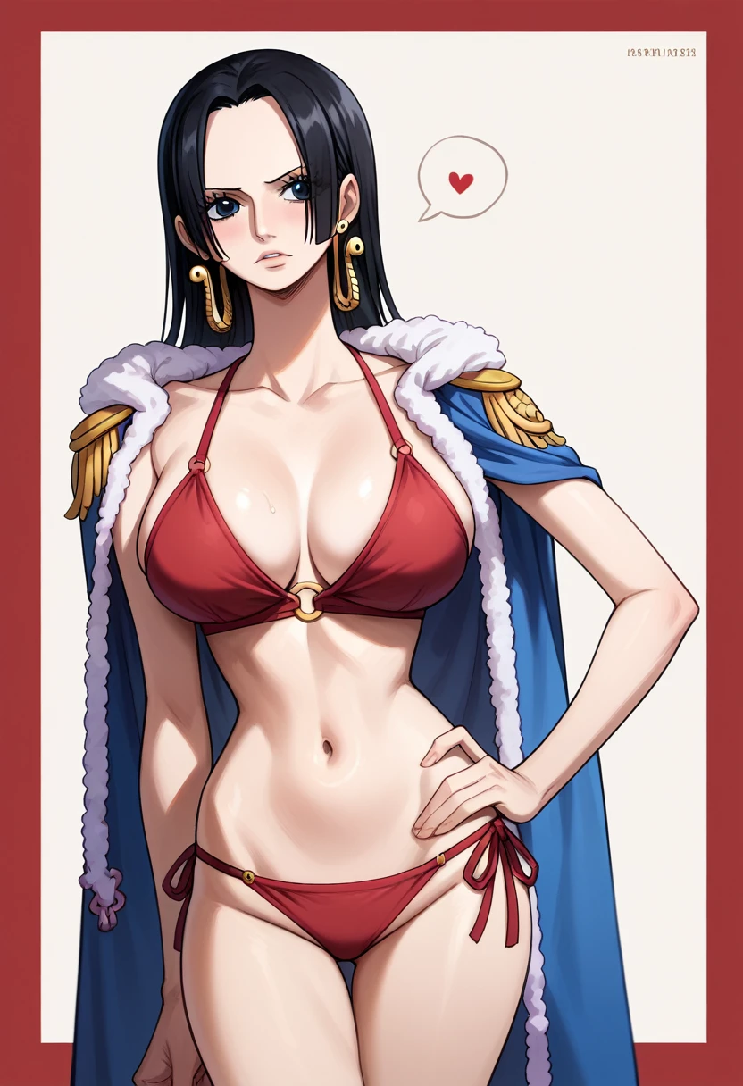 punctuation_7_up, best qualityer, boa hancok one piece, 1 girl, Bblack hair, curved gold earrings, standing, sexly, red bikini, looking ahead at viewer, bra under the breasts,