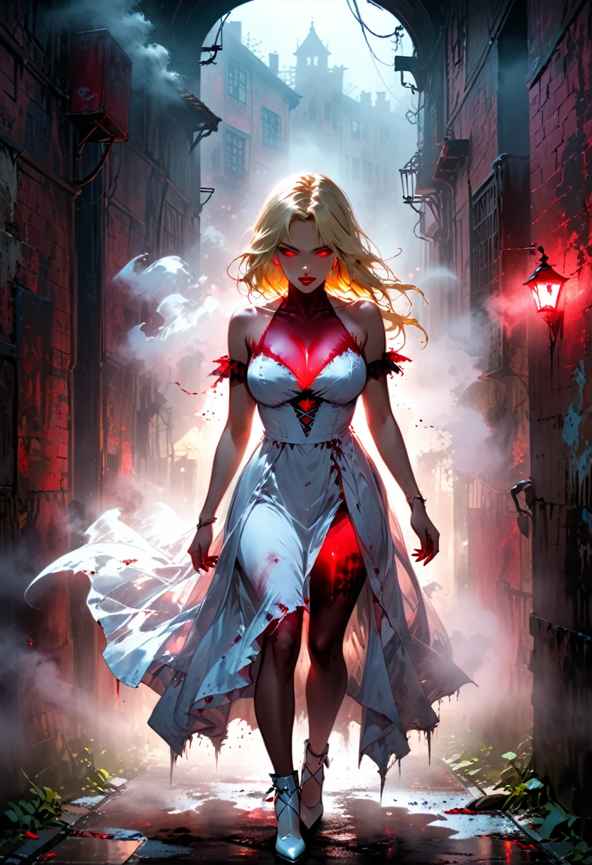 fantasy comic art ((fog: 1.3)) hiding female vampire, you only see a pair of glowing pink glowing eyes )) full body picture, (((the fog hides the face))), red lips, busty, stains of blood, blond hair, vampire teeth: 1.5) white glamour dress, you see only the glowing eyes , you see only the pair of eyes, fantasy dark alley background, the fog fills the alley, you see only the glowing eyes
