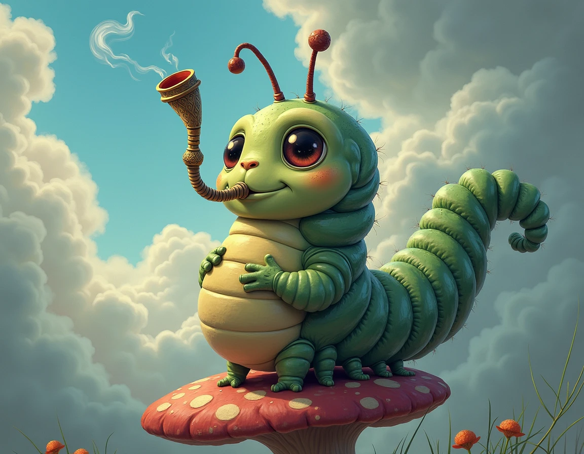 Do a image of the character "The caterpillar" of the movie alicia on the wonderful world and the backround with clouds color gray and blue, without tail and claws
