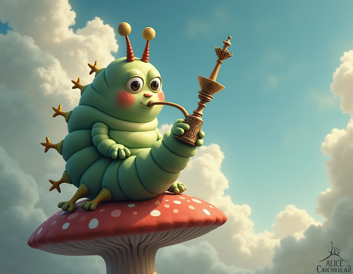 Do a image of the character "The caterpillar" of the movie alicia on the wonderful world and the backround with clouds color gray and blue, without tail and claws