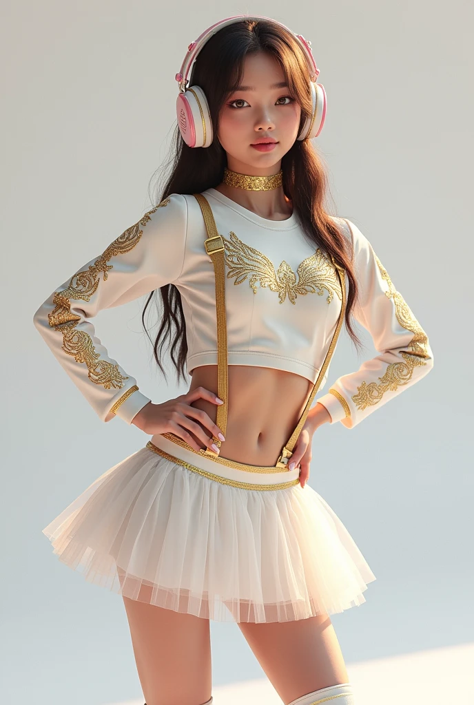 Cheerleader wearing a long-sleeved white cropped top with gold details and a short white tulle skirt with tights and boots. Gold suspenders. K pop headphone full body art