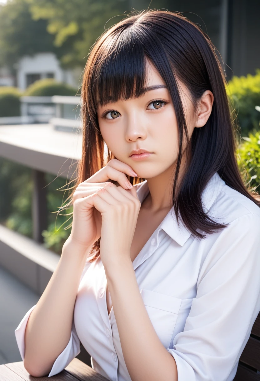 8k, raw photo, best quality, masterpiece, realistic, photo realistic, clear, professional lighting, beautiful face, best quality,ultra high res, realistic japanese beautiful, Super detailed, detailed fingers, solo, 1girl, bangs, shiny hair, detailed hair, medium breasts, curvy, scenery, casual wear, tokyo town, bored
