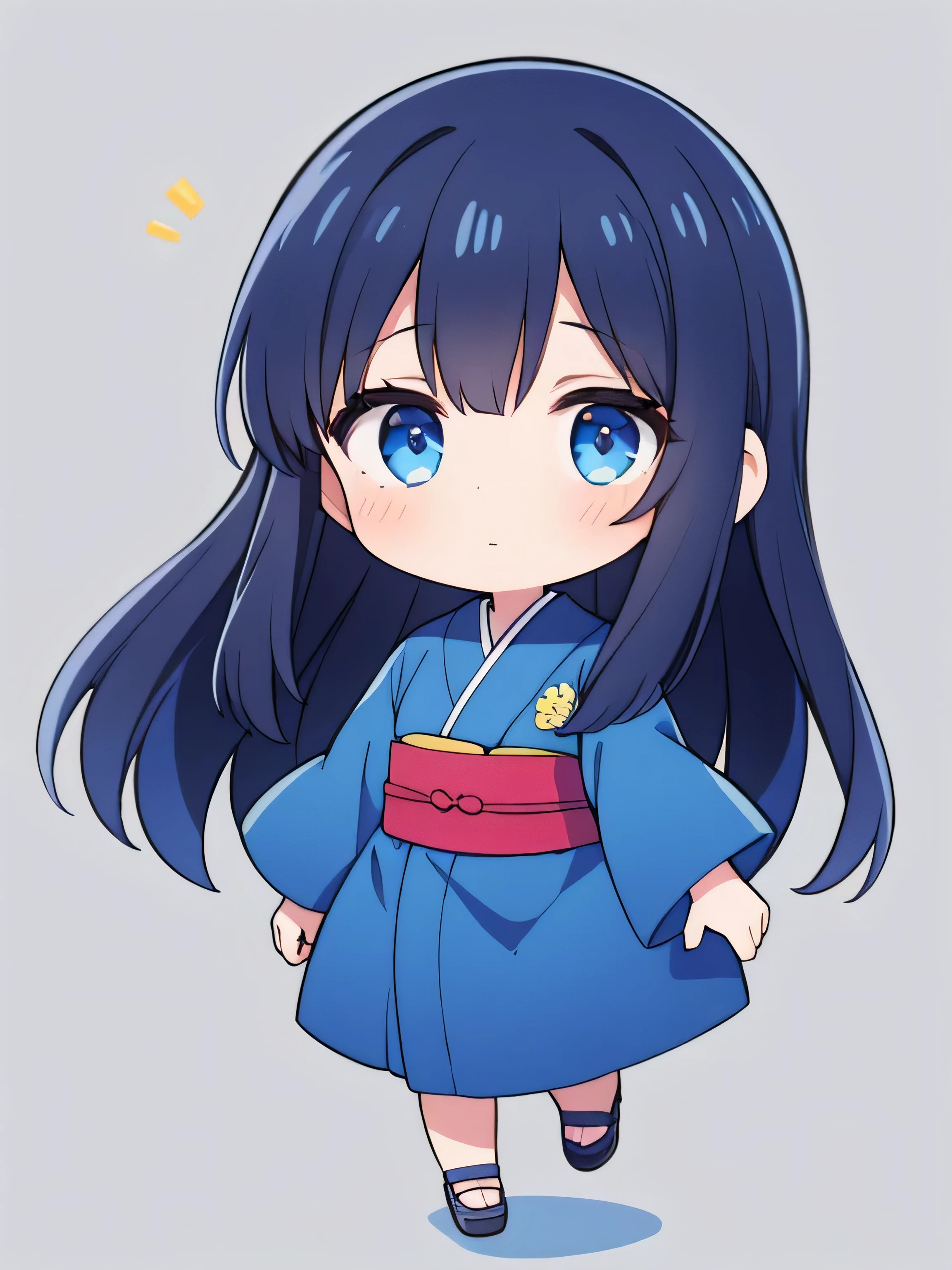 1girl,blue kimono,chibi,full body,black hair,long hair,
