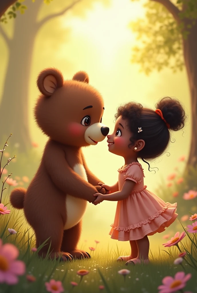 A cute little bear in love with an ebony-skinned girl and an ebony-skinned girl in love with a cute little bear