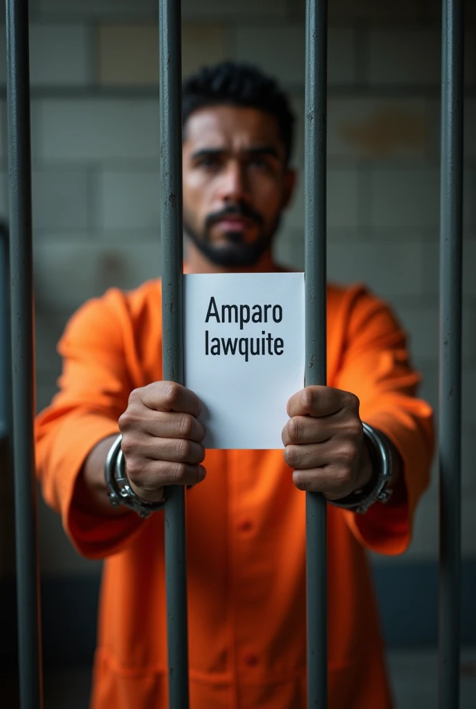 A male inmate dressed in orange, handcuffed, Behind bars, showing a sheet of paper with text that says "Amparo lawsuit" text in Spanish