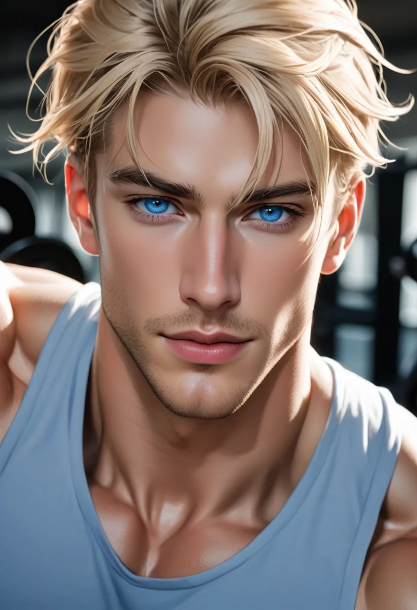 A handsome man, virile body, blonde hair in a masculine and modern cut, blue eyes working out 
