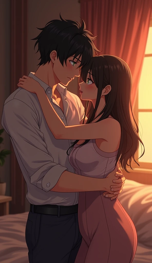 Create an anime-style image of a 21-year-old boy and girl in a dimly lit, intimate room. The boy has a flirty, seductive expression, his eyes filled with desire, as he pulls the girl close with a firm grip around her waist. The girl, blushing deeply, holds onto her slightly disheveled outfit, her expression a mix of nervousness and attraction. The room is bathed in a warm, golden light that accentuates the tension and chemistry between them, with soft, luxurious fabrics like silk sheets and velvet curtains enhancing the sensual, intimate atmosphere. The overall vibe should be charged with desire, reflecting the boy's intent and the girl's hesitant, yet intrigued response.