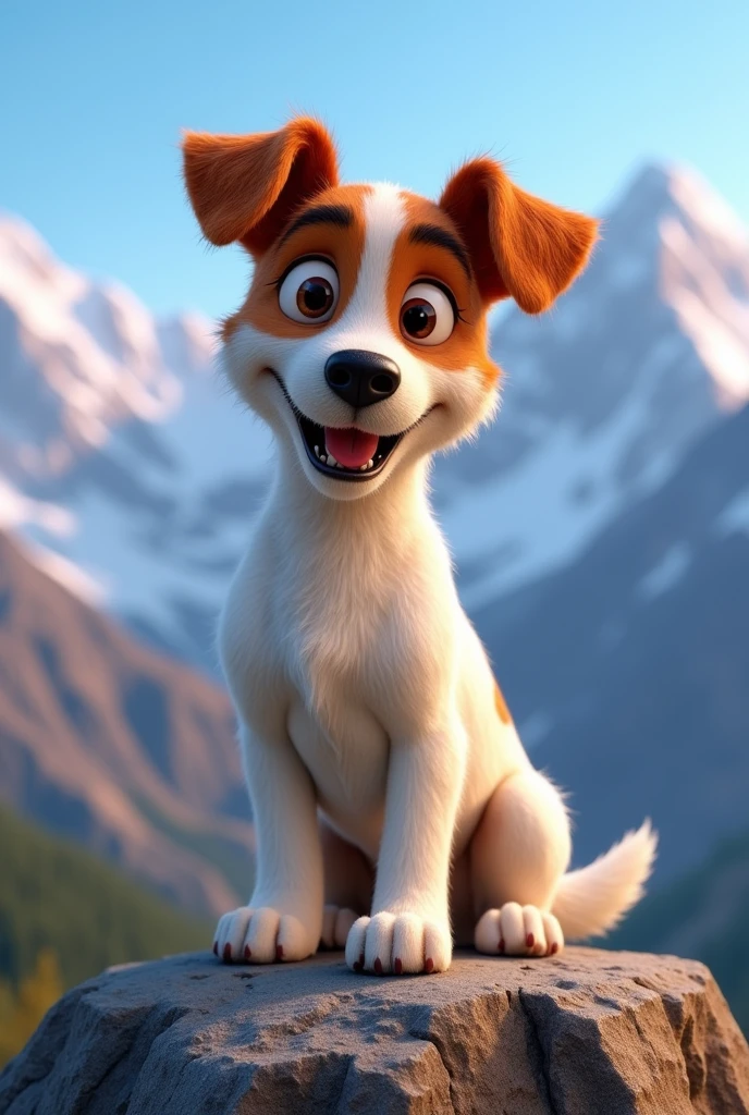 Disney Pixar Style Jack Russell terrier, high qualiy, best qualityer, scruffy, mountains, summit, low angle, close up, bokeh, happy, confident, smirk