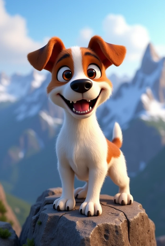 Disney Pixar Style Jack Russell terrier, high qualiy, best qualityer, scruffy, mountains, summit, low angle, close up, bokeh, happy, confident, smirk