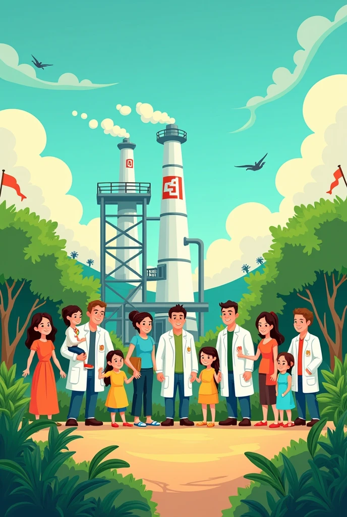 crete an single image of a visit of parents of laboratory workers in a refinery of Ecopetrol , in barrancabermeja. Include laboratory workers with white coats, children, wife, housband, two grandfather, grand mother, outside of laboratory, toon, vivid color, specially green , draw 5 iguanas, no reallistic, called "ECO FEST", toon