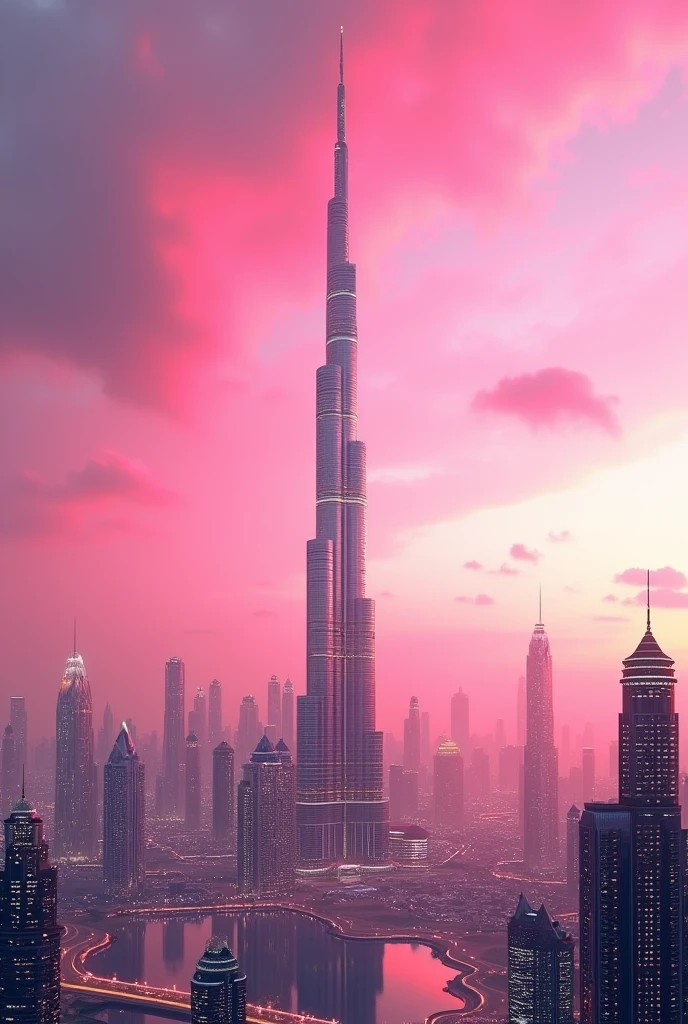 Burj khalifa under pink sky