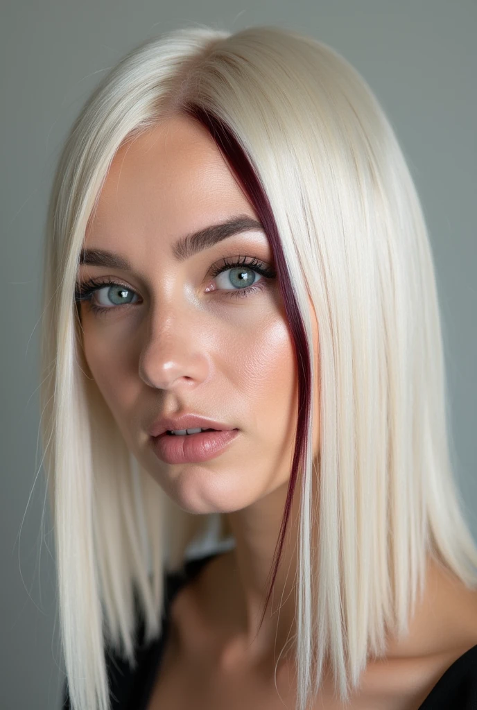 beautiful woman with platinum hair and burgundy thin dyed hair on the side of her hair