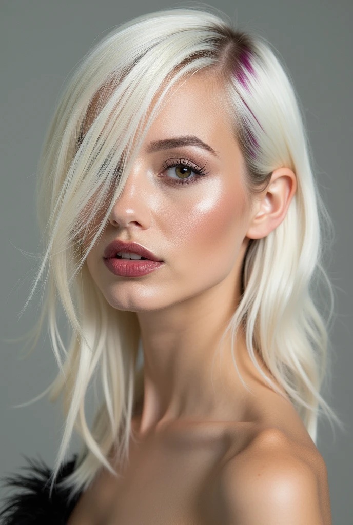 beautiful woman with platinum hair and burgundy thin dyed hair on the side of her hair