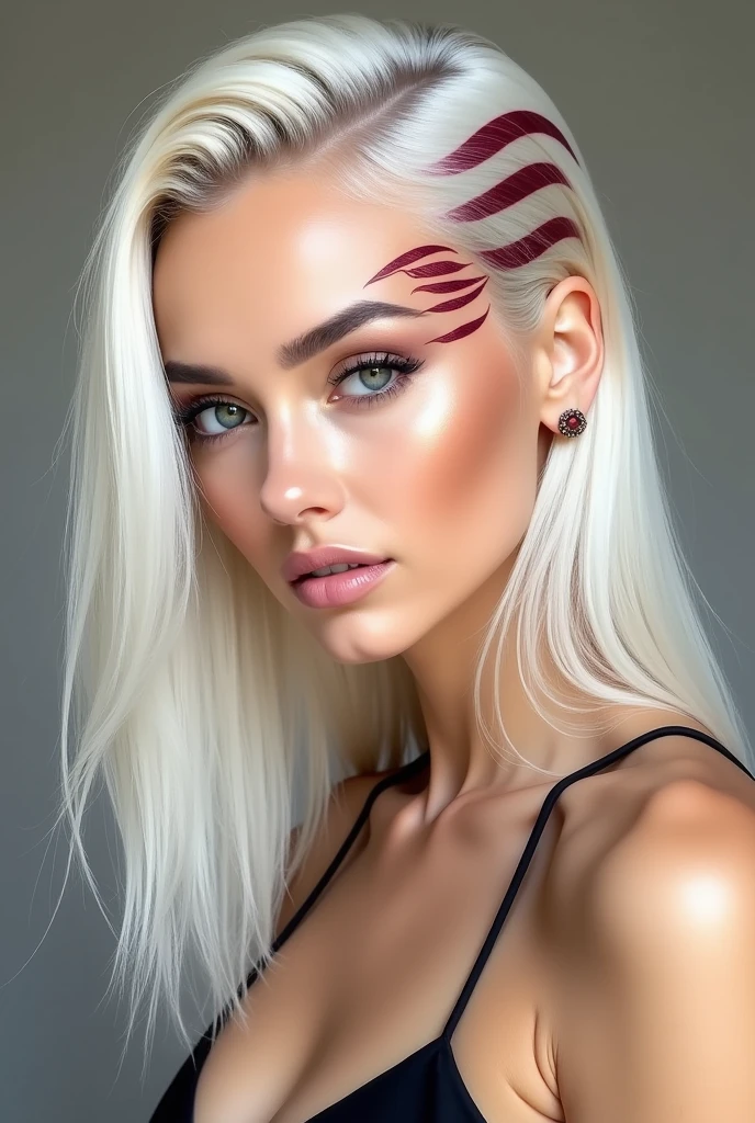 beautiful woman with platinum hair and burgundy thin dyed hair on the side of her hair