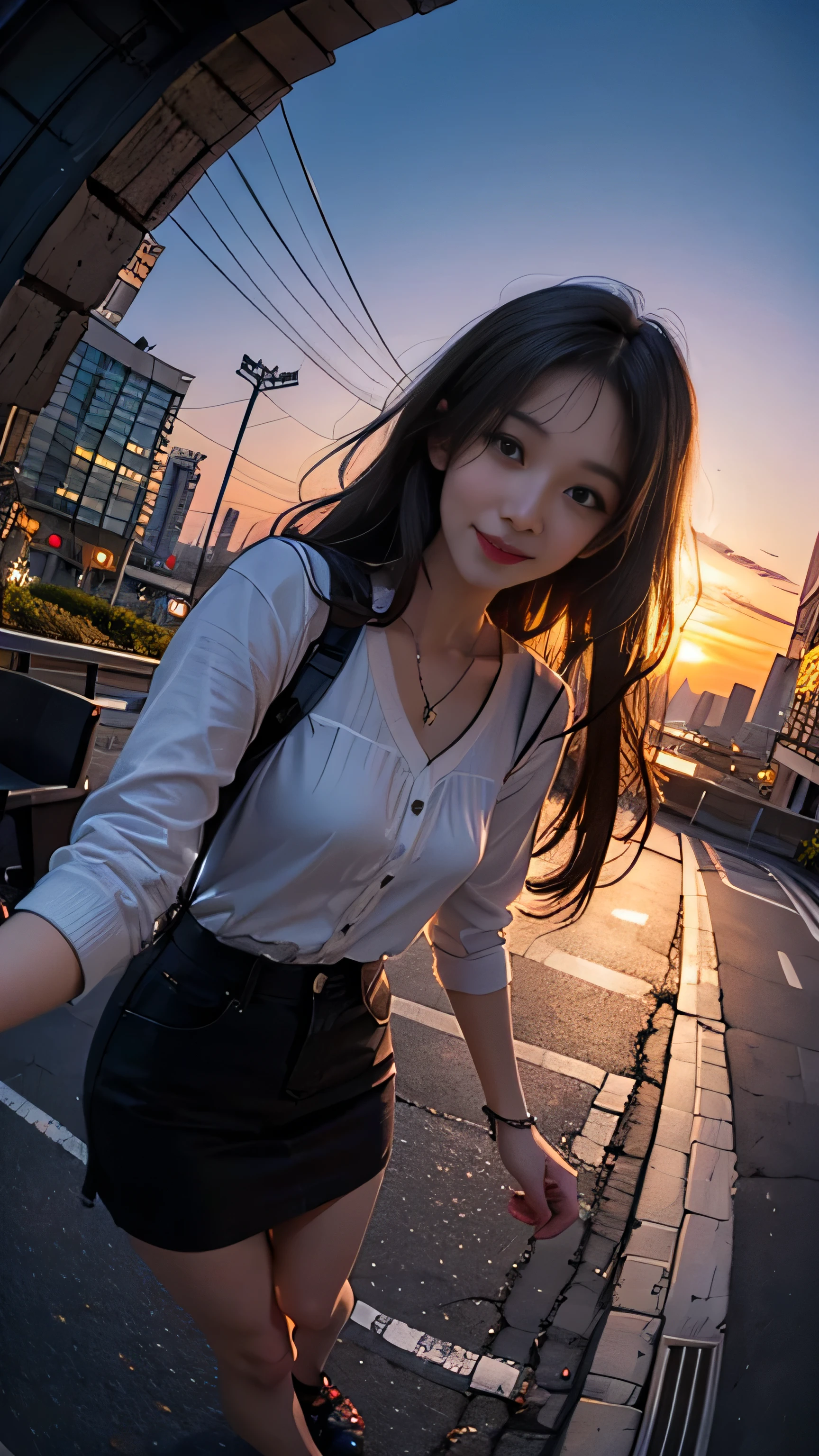 One girl, Korean, Fisheye Lens, Selfie, Wind, Messy Hair, sunset, Cityscape, (Aesthetics and atmosphere:1.2),smile