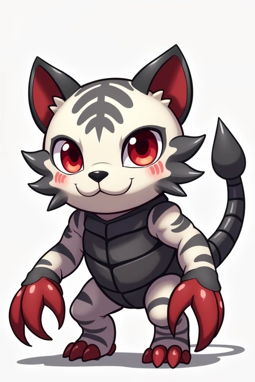 A  Chibi baby niod creature.
 Appearance: a hybrid creature,  half saber tooth tiger half scorpion .
The creature is mostly tiger but had scorpion like tail and claws.
The creature has a scorpion exoskeleton that covers the chest claws and tail.
The creature looks very menacing.
 Style : cel shaded , 3d , anime, Full-body,  t pose.
Colors: white , lite gray and dark gray , blood red

This is a digimon 