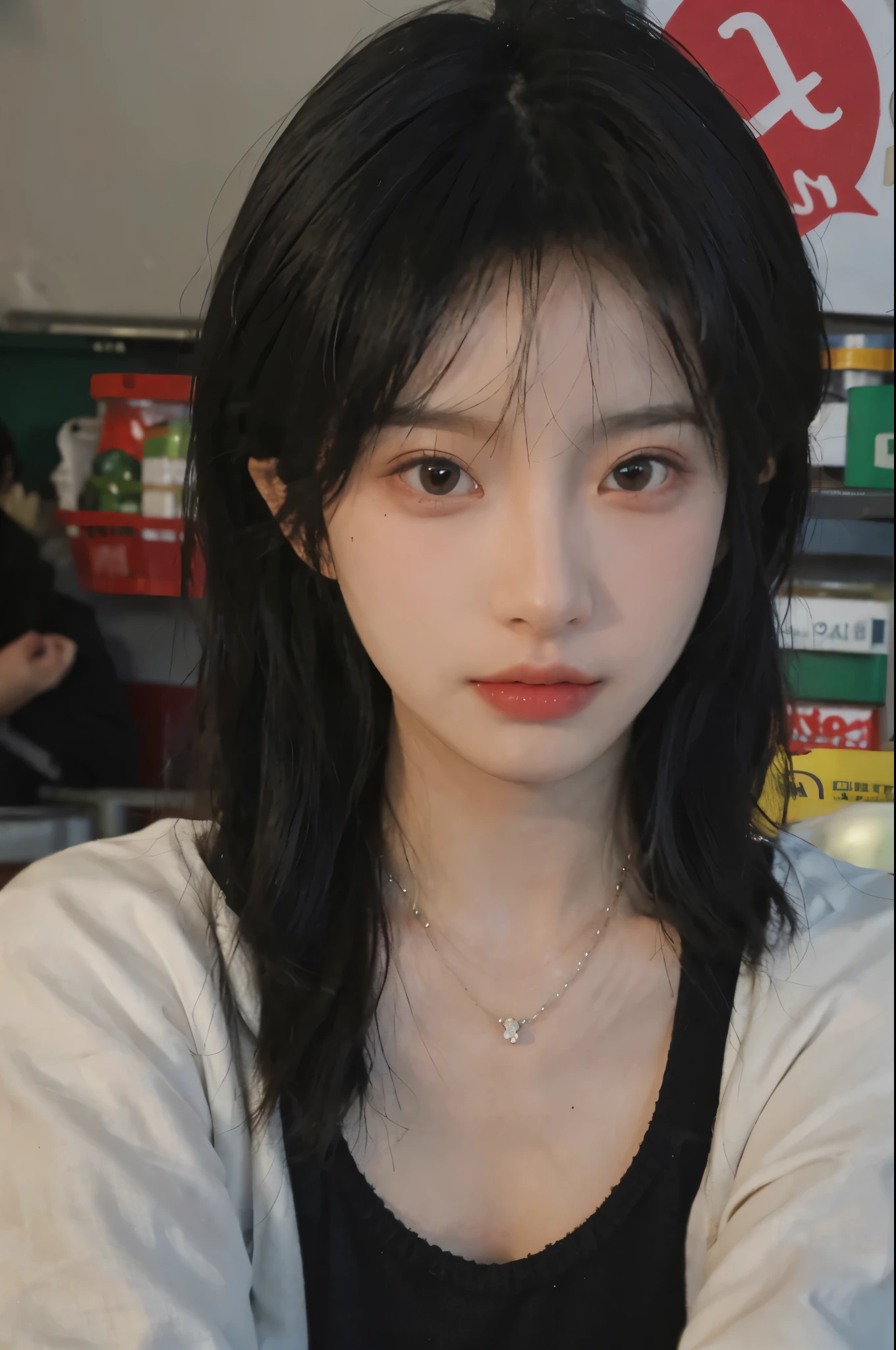Best quality,Ultra-high resolution,(Realism:1.4),Cute hairpins,girll,Cropped black sweater,Look directly at the audience,Full of atmosphere,Beautiful woman with a slim figure:1.4,supermarket,Super delicate face,Exquisite eyes,Double eyelids,necklace