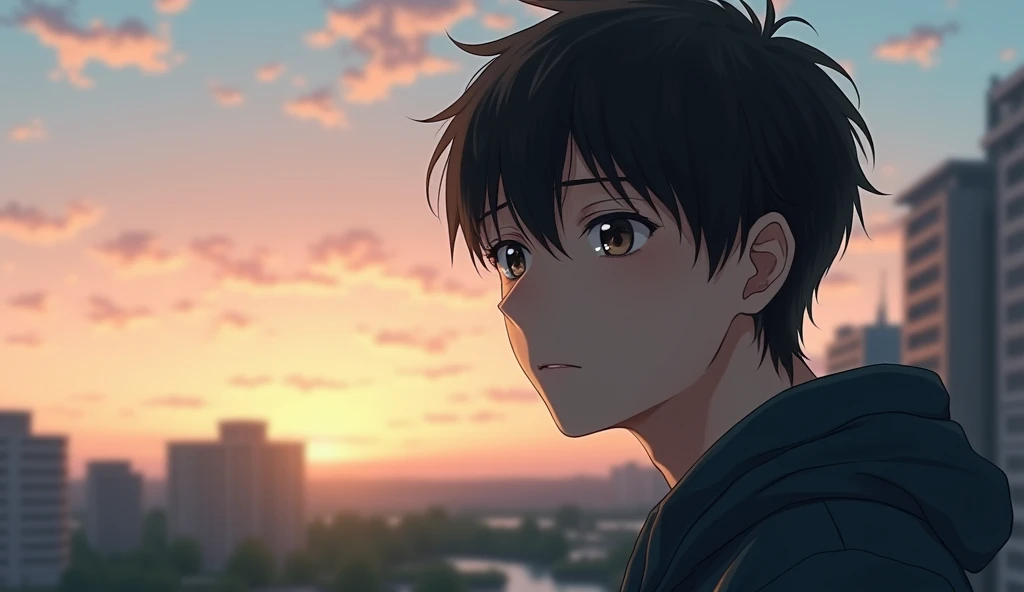 Full body of a male Japanese college student looking into the distance with a gloomy expression,Excited, Photo of your face, With the evening as a background, with a natural look, With a slightly tired look, tilt your face a little, Diagonal orientation, Average face