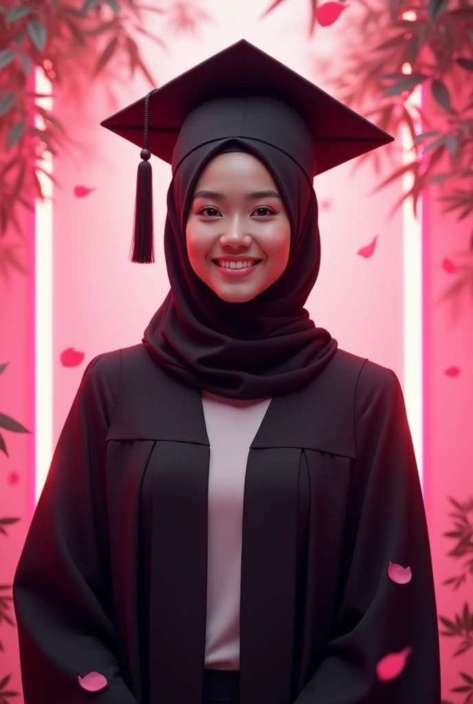 A , warm smiling,wearing hijab, wearing black graduation hat, in black graduation gown, pink theme background, kawai theme background, leaf effect background, dramatic effect lighting, cute design, neon effect lighting, bright results