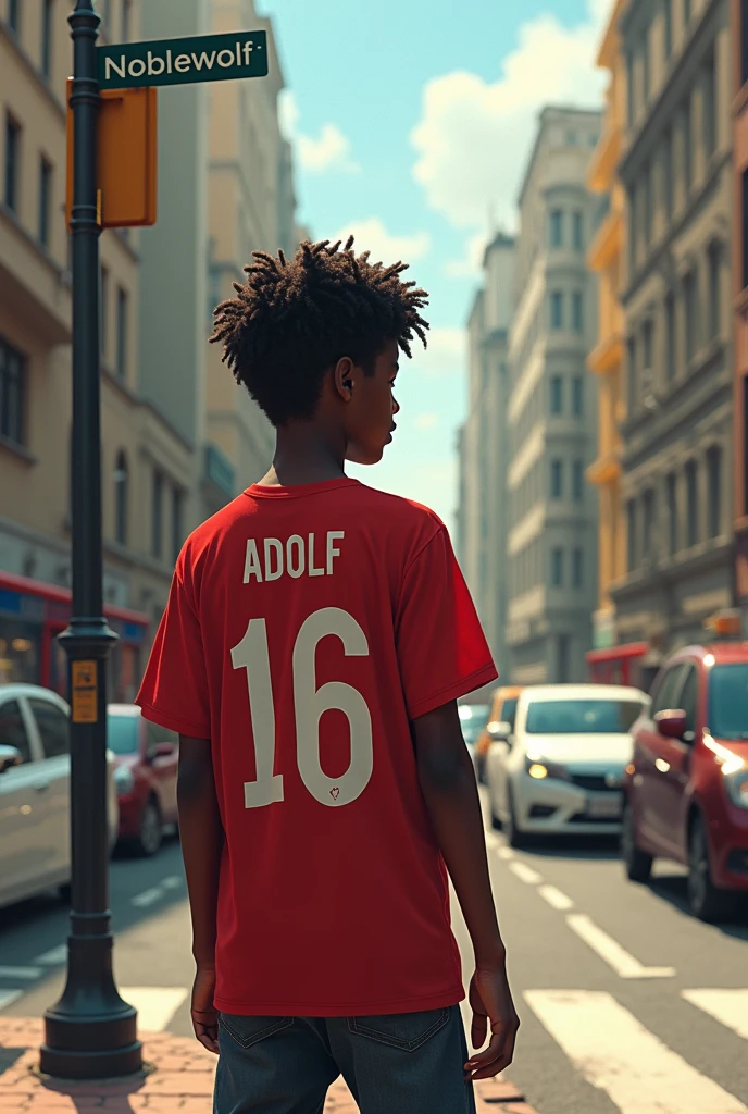 An African boy wearing a red shirt written Adolf 16 behind while standing on the street near a sign post written Noblewolf while cars are moving