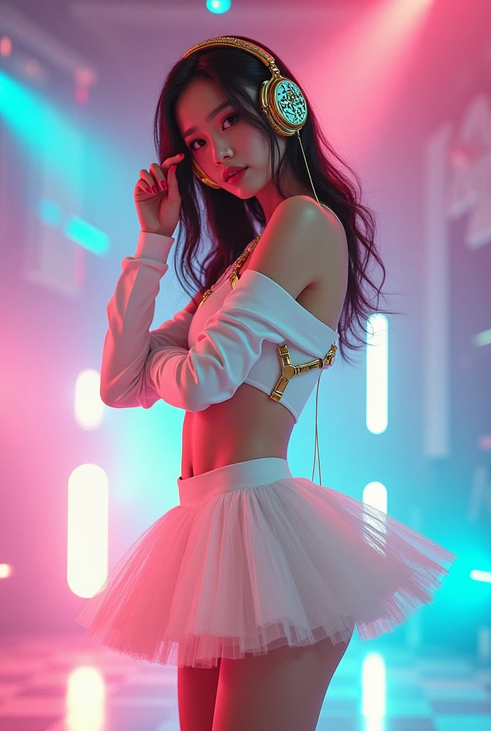 Cheerleader wearing a white long-sleeved crop top and a short white tulle skirt with tights and ankle boots. Golden harness. K pop headphone full body art