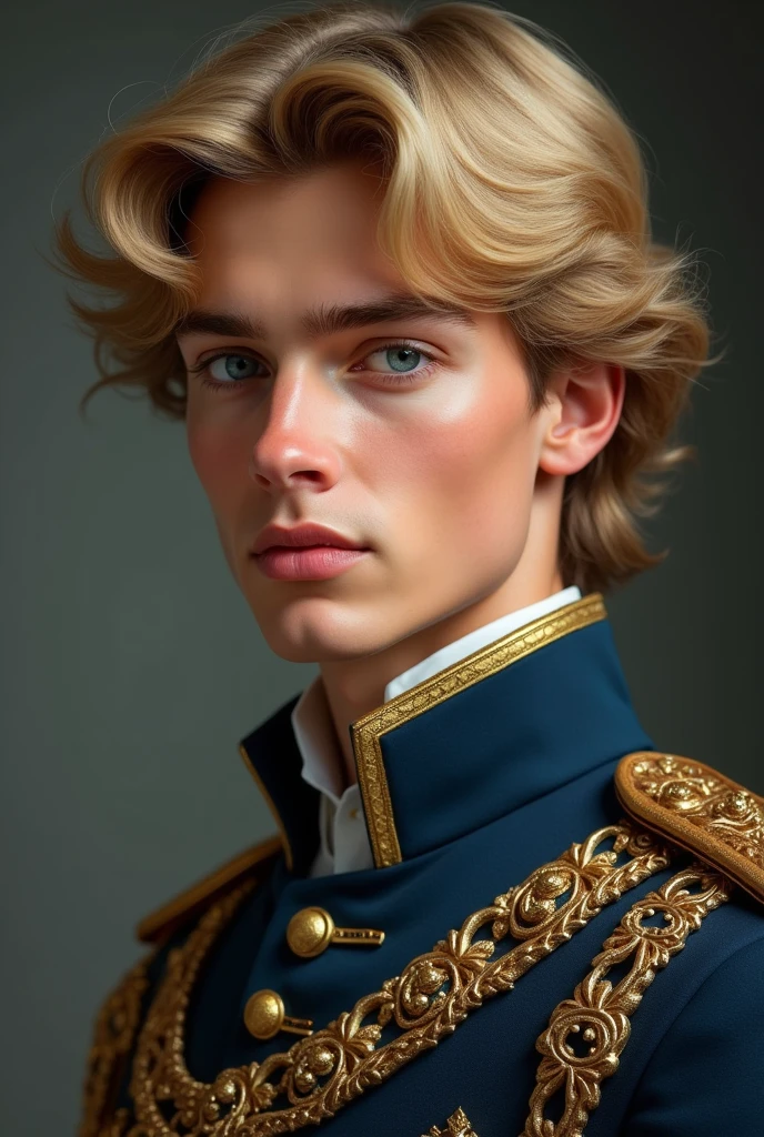 Crown prince, without a crown, blue eyes and blonde wave hair, 20 years old, majesty