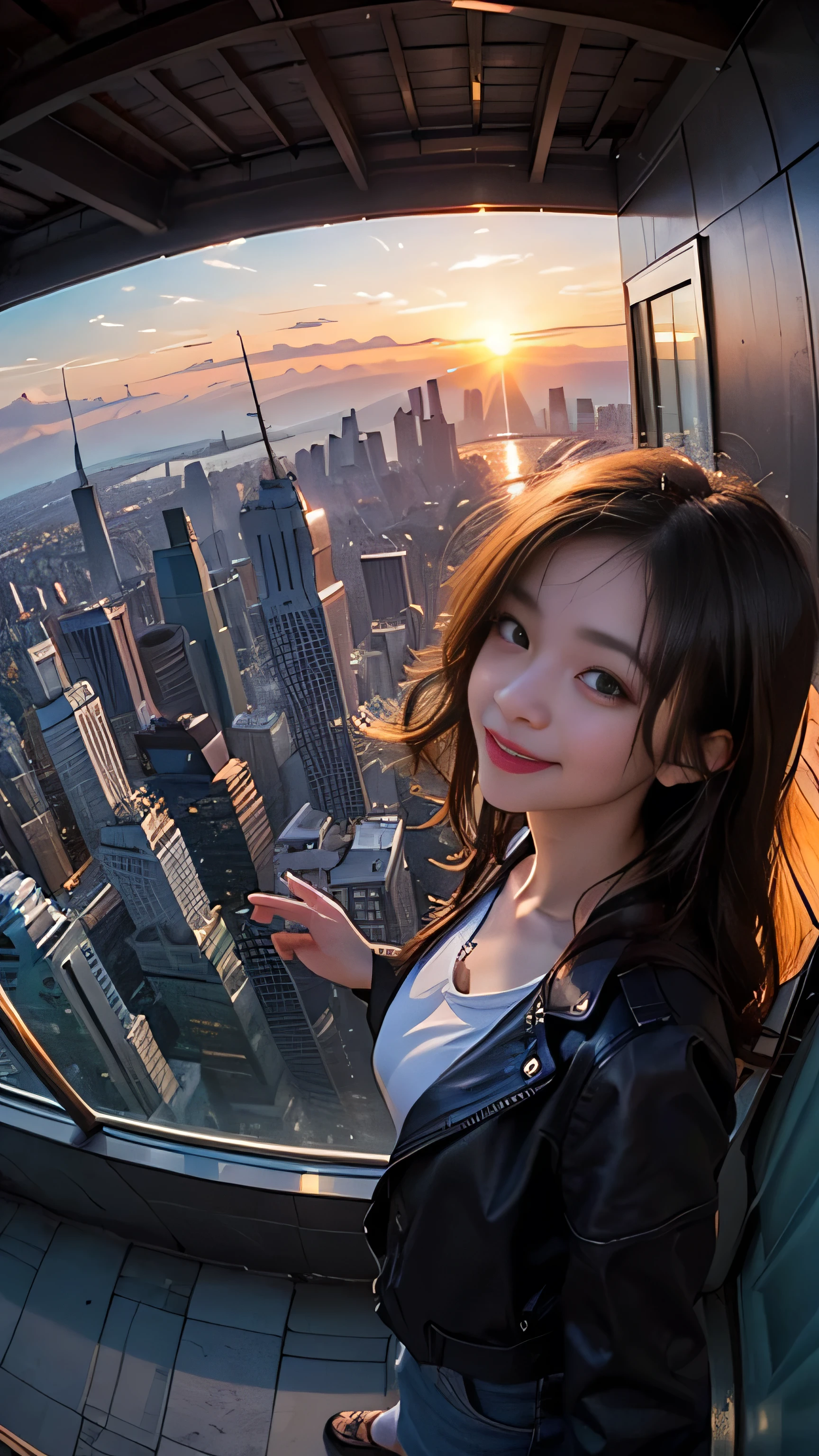 One girl, Korean, Fisheye Lens, Selfie, Wind, Messy Hair, sunset, Cityscape, (Aesthetics and atmosphere:1.2),smile