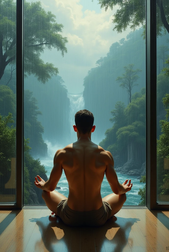 paul chabas + roberto ferri style ((surrealism)) ((fullbody view from the front )) pintura_oleo+roberto_ferri+modern_deco front view a young man slender_athletic_realisim_body, italian man meditading a in office large windos to see the stormy night in the jungle, river, thunders, jungle, drops on the glass of the closed window ambient lighting he is shirless, pantless, ultradetaied image
