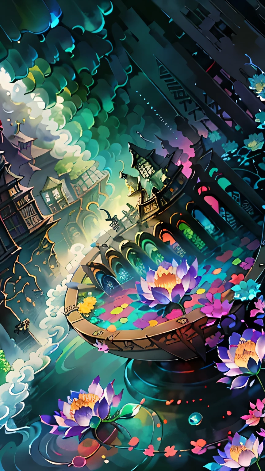 original，（Awareness-raising：1.1），（Highest quality），（masterpiece：1.1），（Highly detailed CG unity 8k ），（color：1.2），lotus，Wide composition，Different world，Twilight，haze，A haze in the distance，Fisheye Lens，crystal，Agate，god々prank