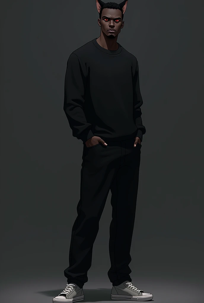 1guy, anime, black male emotionless fox, furry, anthropomorphic, dark red eyes, handsome guy, with black sweater and long pants, sneackers, standing