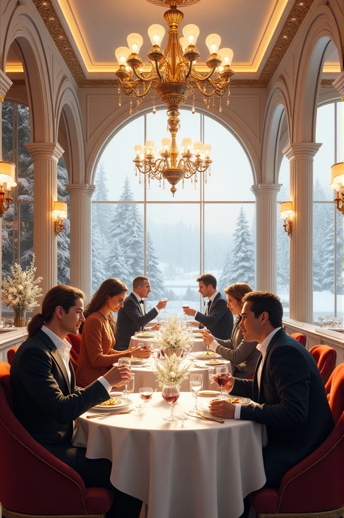 an image of a fancy restaurant,em tons de branco, beiges, doradas,no winter theme 