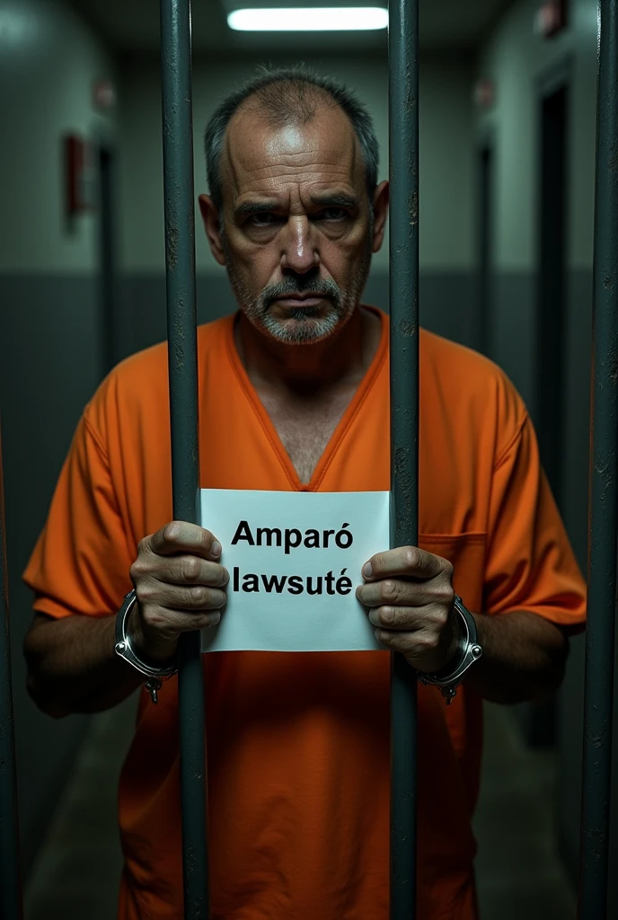 A male inmate dressed in orange, handcuffed, Behind bars, showing a sheet of paper with text that says "Amparo lawsuit" text in Spanish 