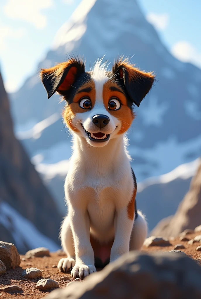 Disney Pixar Style Jack Russell terrier, high qualiy, best qualityer, scruffy, mountains, summit, low angle, close up, bokeh