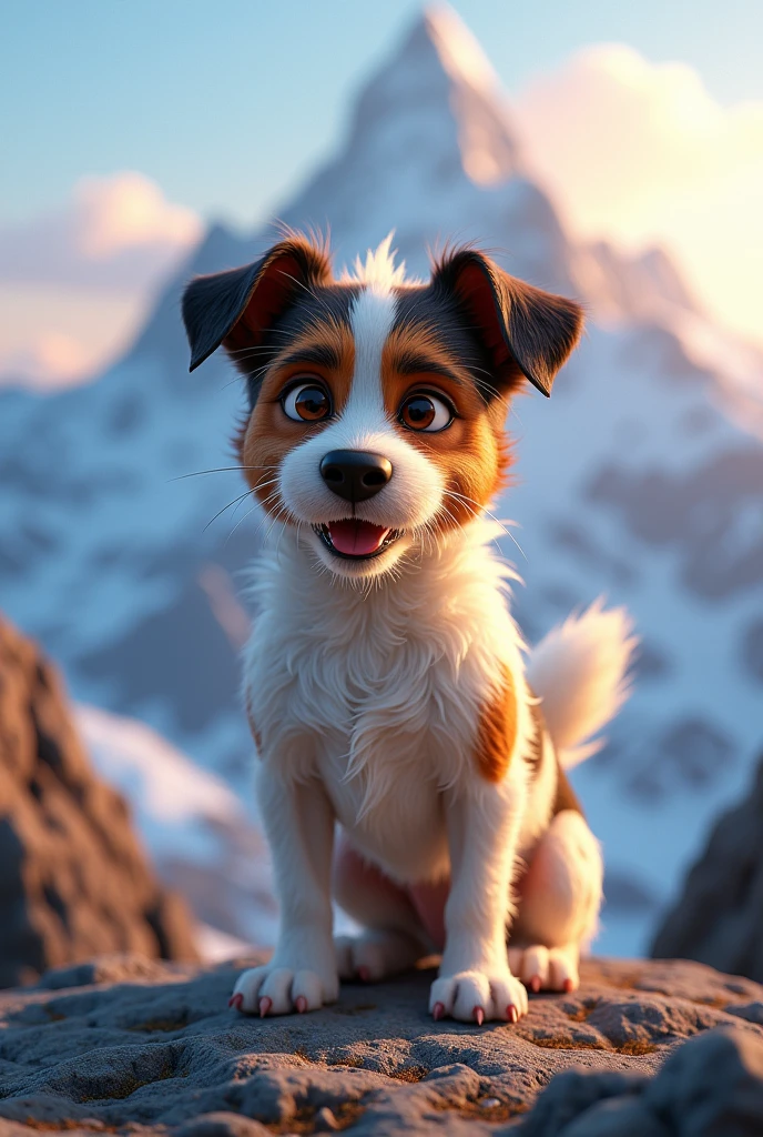 Disney Pixar Style Jack Russell terrier, high qualiy, best qualityer, scruffy, mountains, summit, low angle, close up, bokeh