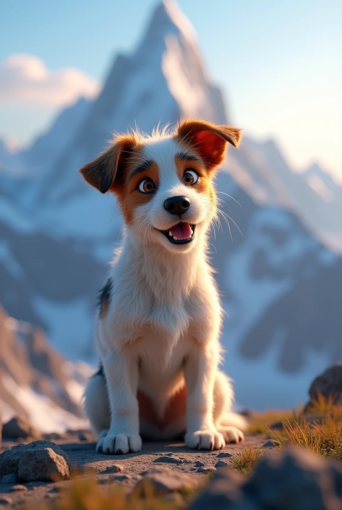 Disney Pixar Style Jack Russell terrier, high qualiy, best qualityer, scruffy, mountains, summit, low angle, close up, bokeh