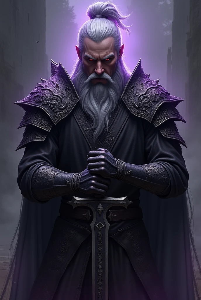 a 40 year old paladin, 1,88 tall, fair-skinned human, Long gray hair that is tied in a bun, he has a thick, gray beard. This warrior is clad in black armor, with arachnid details carved, this armor has a purple glow, emanating an evil presence. The Paladin has in his eyes, An expression of vengeance. His hands are clasped together, resting on a long black sword., nailed to the ground