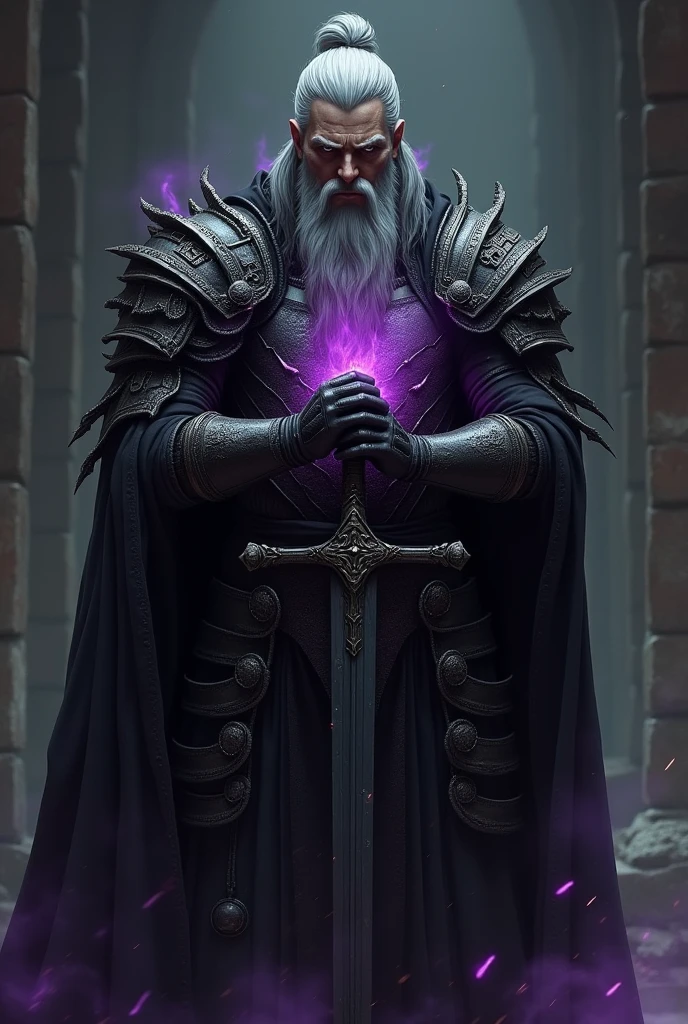 a 40 year old paladin, 1,88 tall, fair-skinned human, Long gray hair that is tied in a bun, he has a thick, gray beard. This warrior is clad in black armor, with arachnid details carved, this armor has a purple glow, emanating an evil presence. The Paladin has in his eyes, An expression of vengeance. His hands are clasped together, resting on a long black sword., nailed to the ground