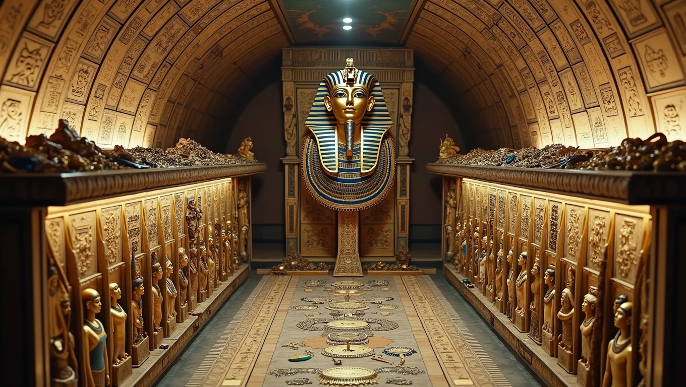 An impressive cinematic scene of Tutankhamun's tomb wearing gold death mask and blue details and precious stones, full of gold and precious stones. The large chamber displays a dazzling array of jewelry and precious stone necklaces, reflecting the opulence and wealth of ancient Egypt. The walls are adorned with intricate hieroglyphs and the ceiling displays a beautifully crafted mural. The atmosphere of the scene is rich in history and luxury, evoking a sense of wonder and awe., cinematic, architecture