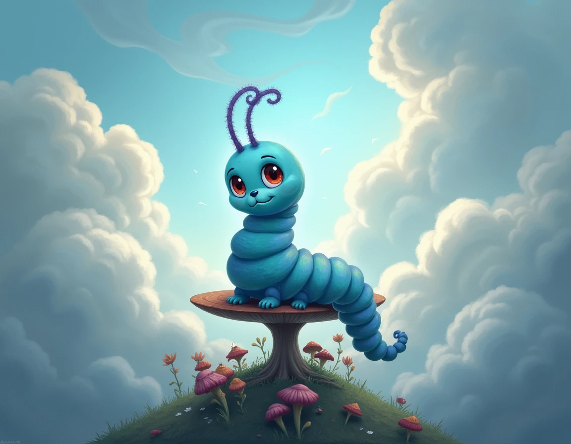 Do a image of the character "The caterpillar" of the movie alicia on the wonderful world and the backround with clouds color gray and blue, without tail and claws, also the catterpillar is blue, I mean his body is blue