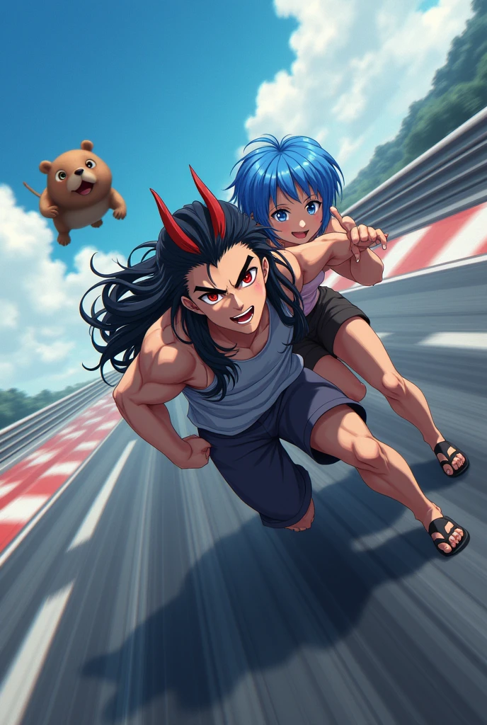 Make a man with long beautiful black hair, red eyes and anime-style devil horns running on a racetrack alongside a young adult with short blue hair, slightly tanned skin and a smile while being chased by a flying capybara