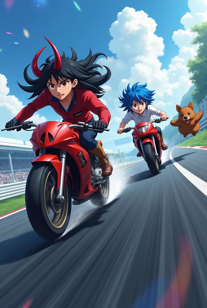 Make a man with long beautiful black hair, red eyes and anime-style devil horns running on a racetrack alongside a young adult with short blue hair, slightly tanned skin and a smile while being chased by a flying capybara