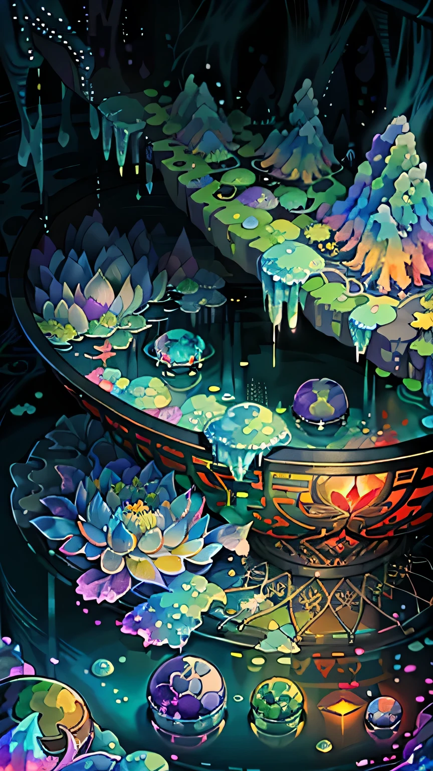 original,(Awareness-raising:1.1),(Highest quality),(masterpiece:1.1),(Highly detailed CG unity 8k ),(color:1.2),lotus,Wide composition,Different world,Twilight,haze,Haze,Fisheye Lens,crystal,Agate,Cave,god々prank