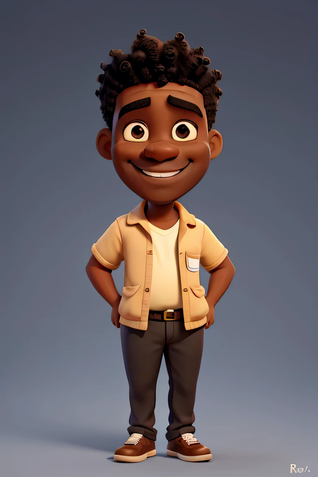 Create a character for a cartoon, black male, smiling, happy, of medium weight, chubby man, com uma barba rala, thin mustache and small goatee, with short curly hair