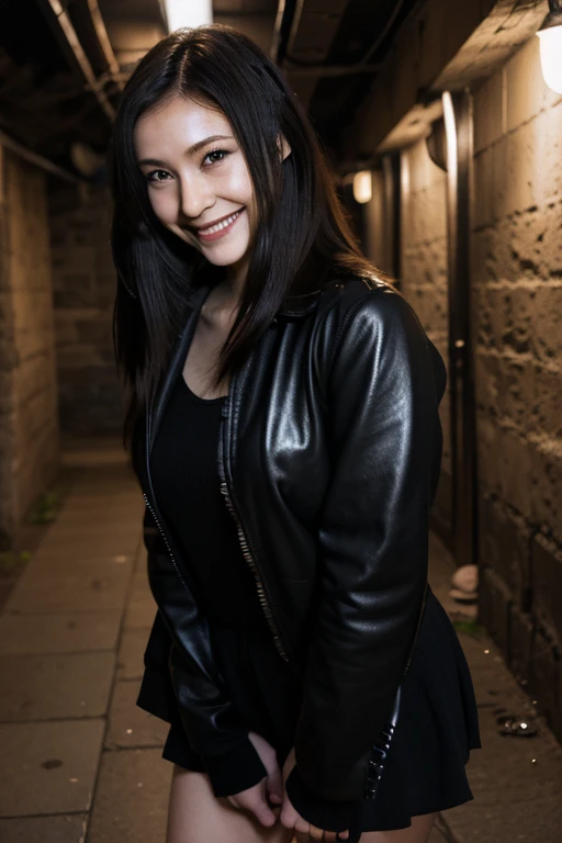 Highest quality High resolution Simple Remainsの様なDungeons RemainsDungeons Long bangs Adult female Adventurer Girl Loose expression cute smile Leather jacket Beautiful Eyes One Woman Long side hair Very black hair Shiny long hair Straight hair Ahoge Wide sleeves Long hem cute目 Remains Dungeons Underground maze