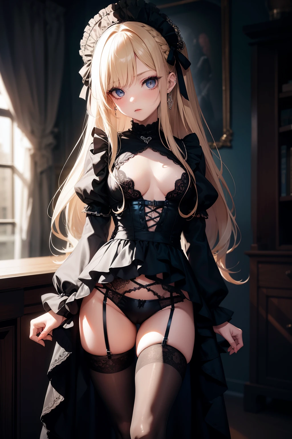 1girl,solo,(amane misa, death note:1.1),super detailed skin,shiny skin,natural face,blonde hair,sidelocks,short twintails,long hair,medium breasts,Punk Lolita ,skirt lift,bra,pale pink panties,tangas,cameltoe,anime,girl's lolita bedroom,masterpiece,best quality,ultra detailed,high resolution,sharp focus,depth of field