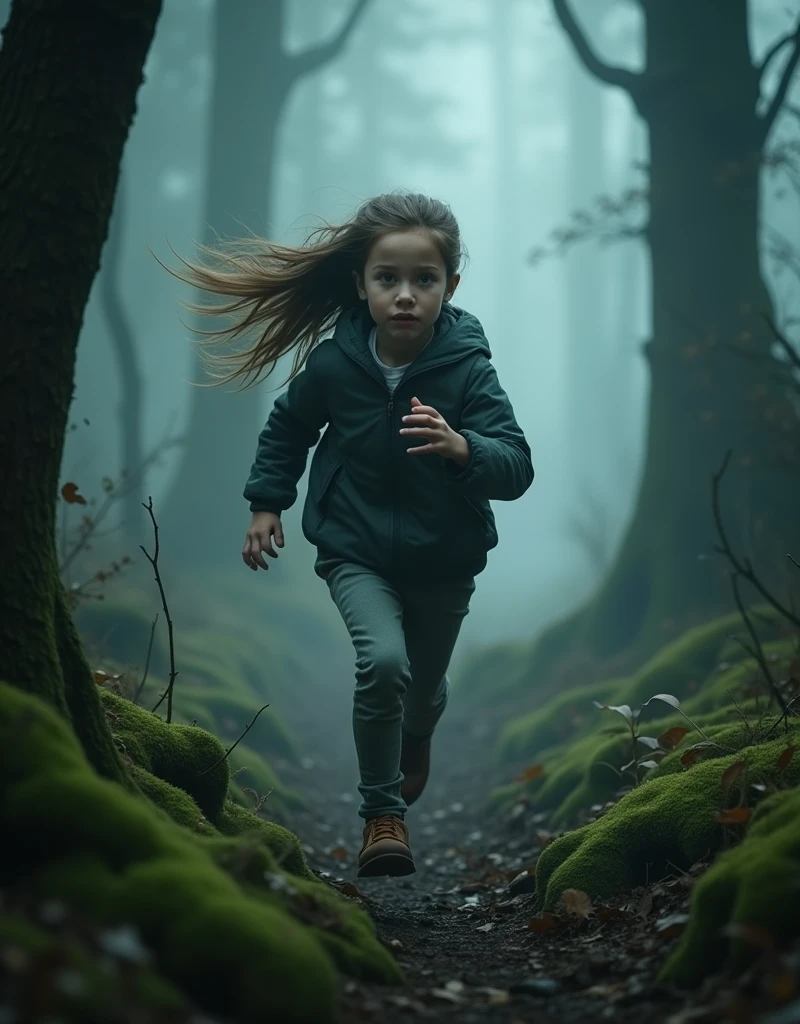 a beautiful young girl running through a mysterious, misty forest, long hair flowing behind her, (a beautiful and cute face even in the midst of fear and panic), detailed facial features, intricate clothing, moss-covered trees, shafts of light piercing through the fog, (best quality,4k,8k,highres,masterpiece:1.2),ultra-detailed,(realistic,photorealistic,photo-realistic:1.37),fantasy,cinematic lighting,moody atmosphere,dramatic lighting,dark colors,muted palette