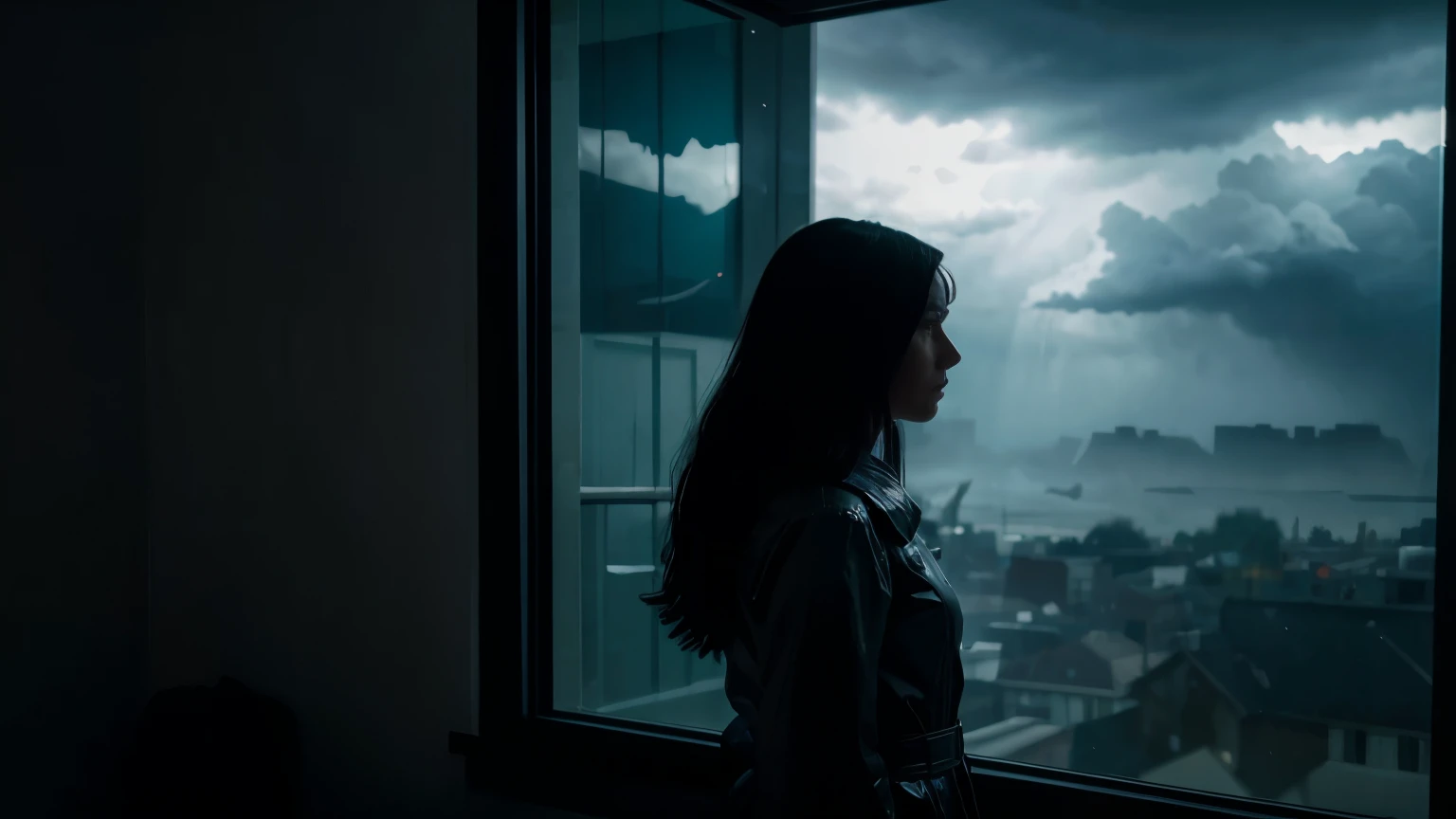 A ghostly figure behind a woman looking out the window, stormy sky, dark clouds, translucent figure with a faint glow, cool colors dominate the scene, 16:9 --v 5 --ar 16:9 --style eerie