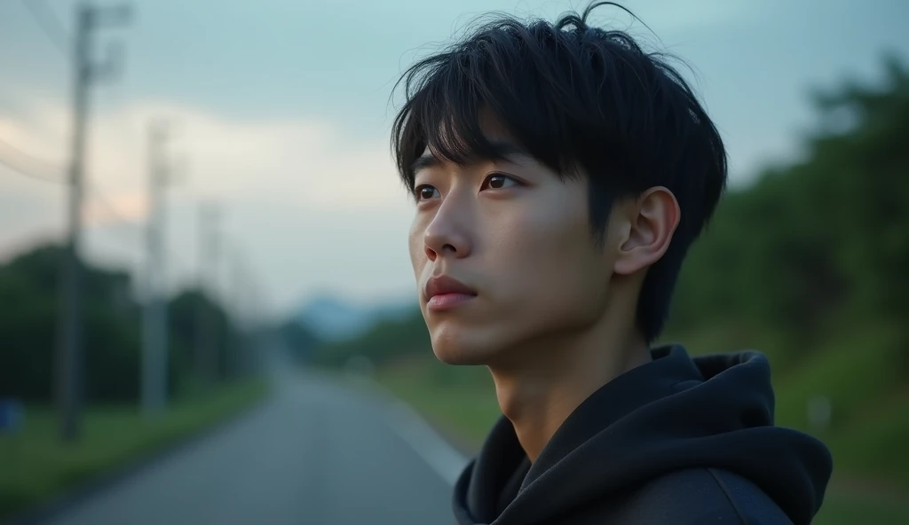 A male Japanese college student is looking into the distance with a gloomy expression,Excited, Photo of your face, With the evening as a background, with a natural look, With a slightly tired look, tilt your face a little, Diagonal orientation, Average face