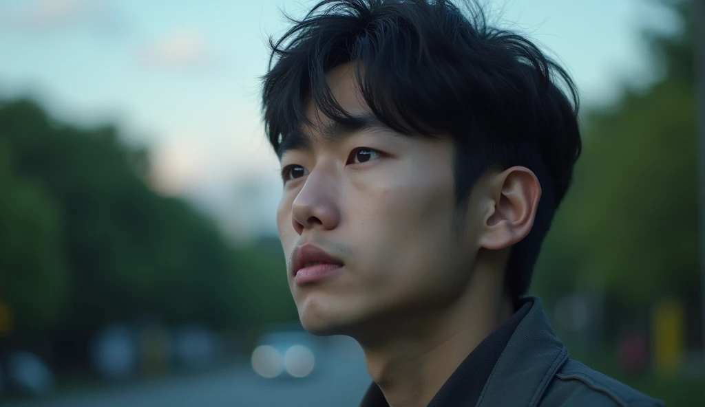A male Japanese college student is looking into the distance with a gloomy expression,Excited, Photo of your face, With the evening as a background, with a natural look, With a slightly tired look, tilt your face a little, Diagonal orientation, Average face