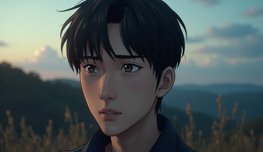 A male Japanese college student is looking into the distance with a gloomy expression,Excited, Photo of your face, With the evening as a background, with a natural look, With a slightly tired look, tilt your face a little, Diagonal orientation, Average face